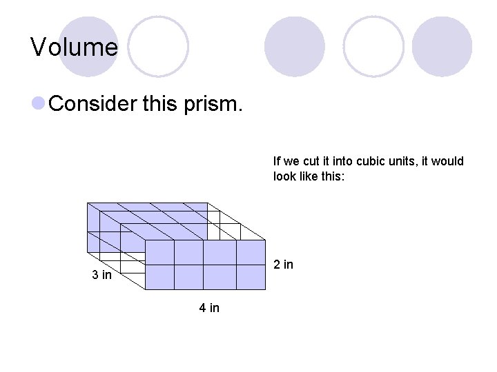 Volume l Consider this prism. If we cut it into cubic units, it would