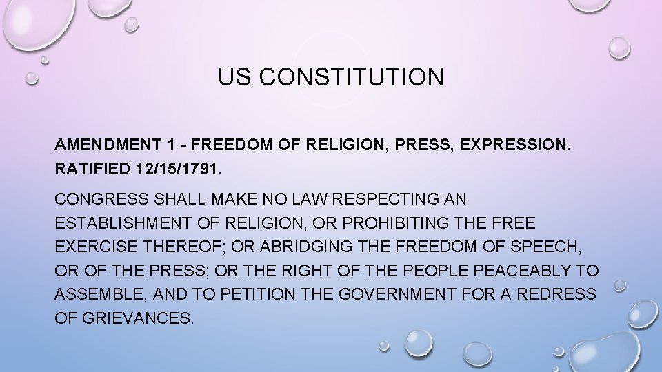 US CONSTITUTION AMENDMENT 1 - FREEDOM OF RELIGION, PRESS, EXPRESSION. RATIFIED 12/15/1791. CONGRESS SHALL