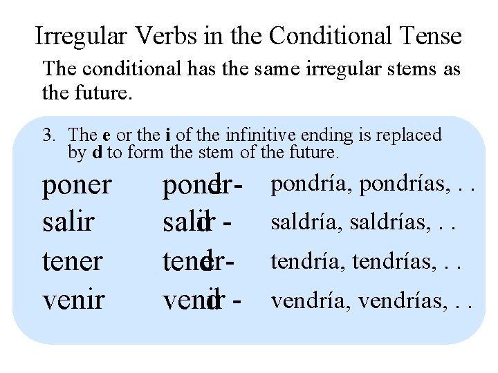 Irregular Verbs in the Conditional Tense The conditional has the same irregular stems as