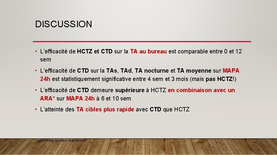 DISCUSSION • L’efficacité de HCTZ et CTD sur la TA au bureau est comparable