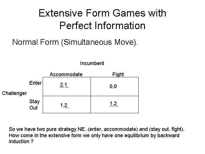 Extensive Form Games with Perfect Information Normal Form (Simultaneous Move). Incumbent Accommodate Fight Enter