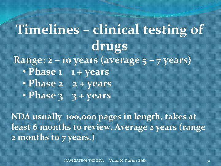 Timelines – clinical testing of drugs Range: 2 – 10 years (average 5 –