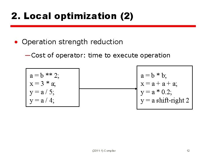 2. Local optimization (2) • Operation strength reduction —Cost of operator: time to execute