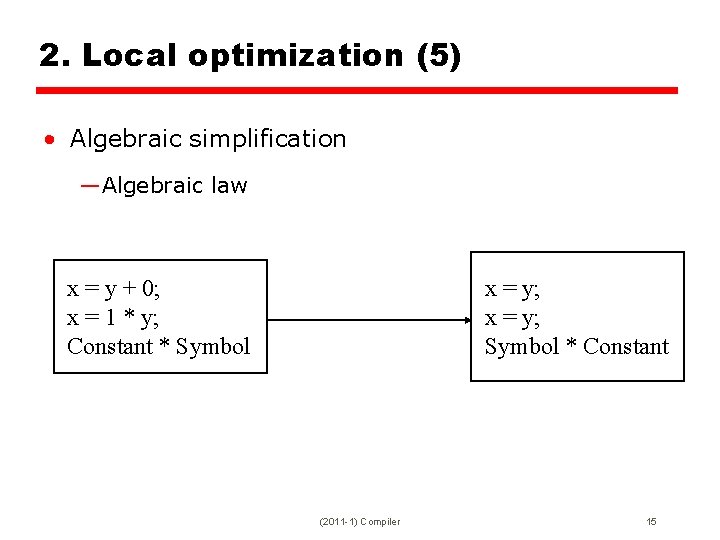 2. Local optimization (5) • Algebraic simplification —Algebraic law x = y + 0;