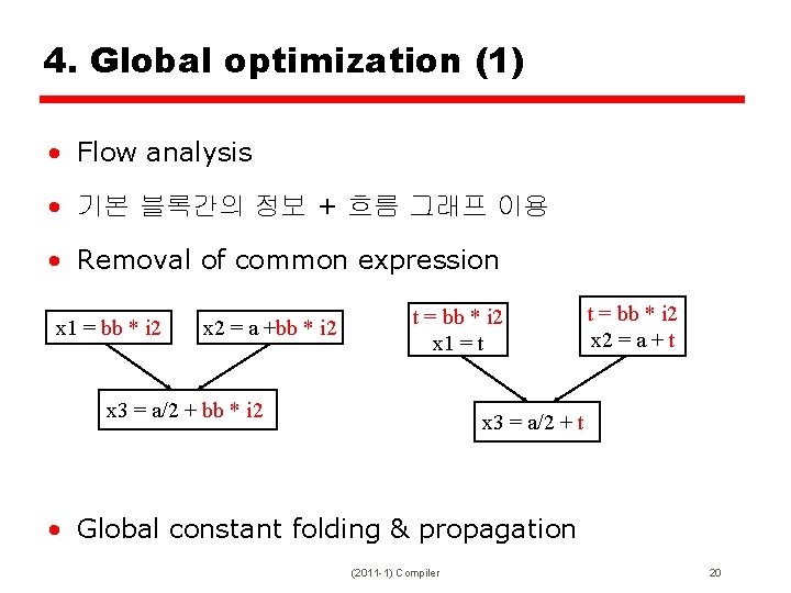 4. Global optimization (1) • Flow analysis • 기본 블록간의 정보 + 흐름 그래프