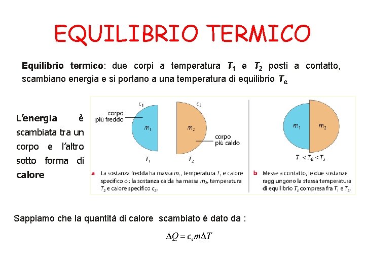 EQUILIBRIO TERMICO Equilibrio termico: due corpi a temperatura T 1 e T 2 posti