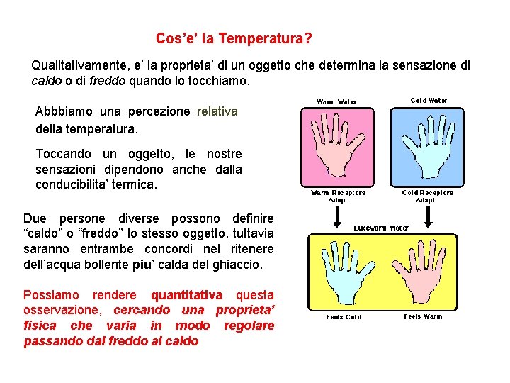 Cos’e’ la Temperatura? Qualitativamente, e’ la proprieta’ di un oggetto che determina la sensazione