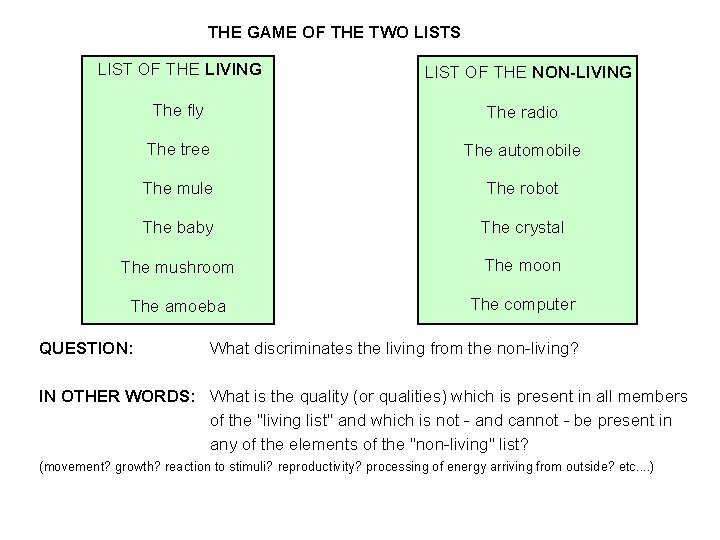 THE GAME OF THE TWO LISTS LIST OF THE LIVING LIST OF THE NON-LIVING