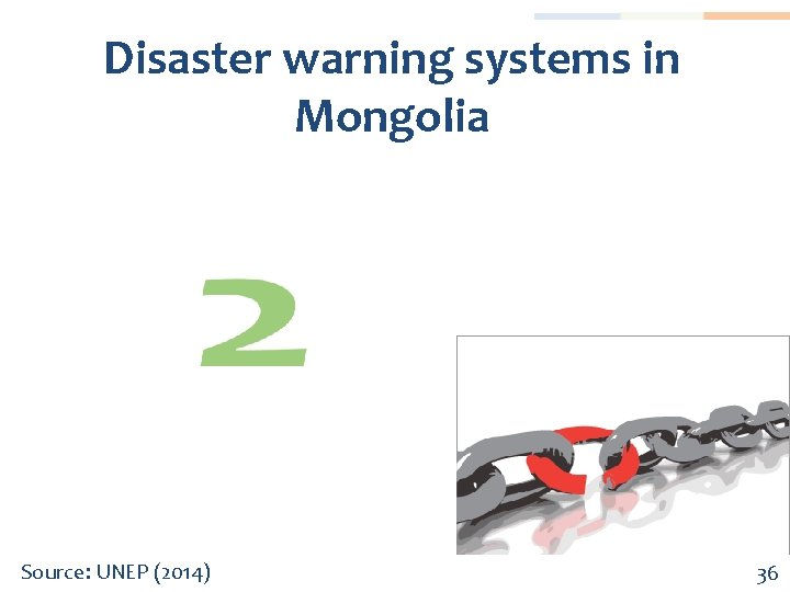 Disaster warning systems in Mongolia Source: UNEP (2014) 36 