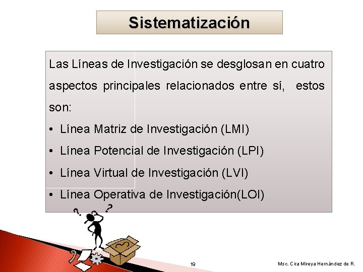 Sistematización Las Líneas de Investigación se desglosan en cuatro aspectos principales relacionados entre sí,