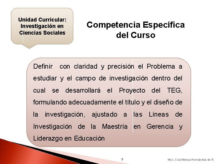 Unidad Curricular: Investigación en Ciencias Sociales Competencia Específica del Curso Definir con claridad y