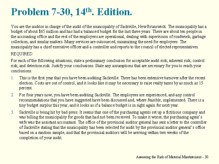 Problem 7 -30, 14 th. Edition. You are the auditor in charge of the