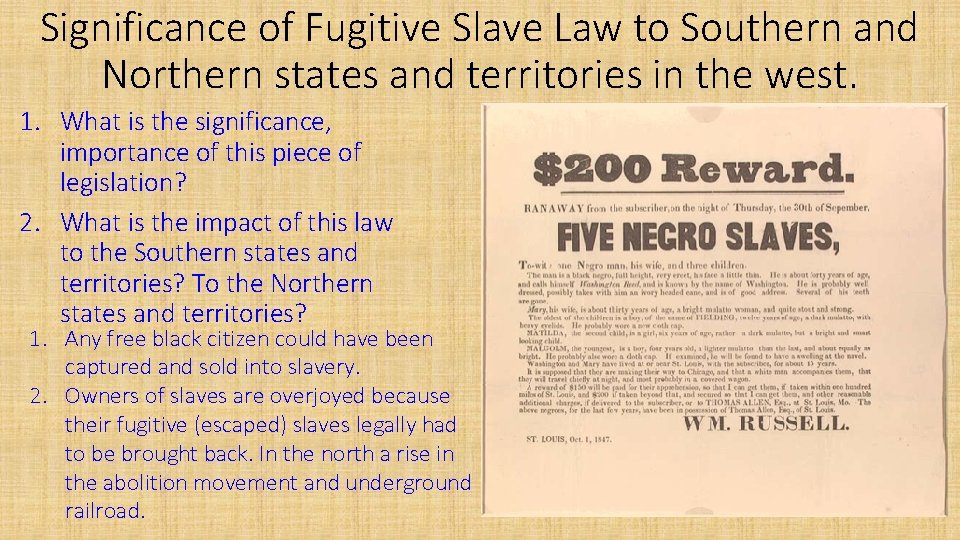 Significance of Fugitive Slave Law to Southern and Northern states and territories in the