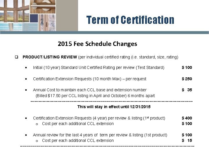 Term of Certification 2015 Fee Schedule Changes q PRODUCT/LISTING REVIEW (per individual certified rating