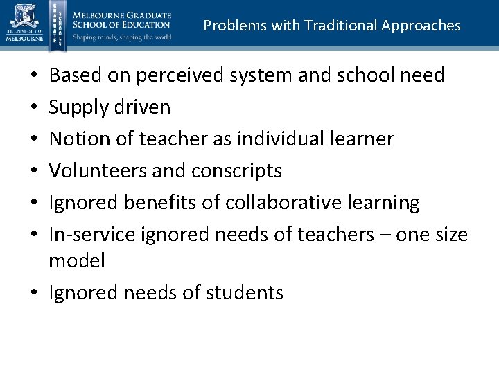 Problems with Traditional Approaches Based on perceived system and school need Supply driven Notion