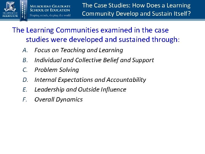 The Case Studies: How Does a Learning Community Develop and Sustain Itself? The Learning