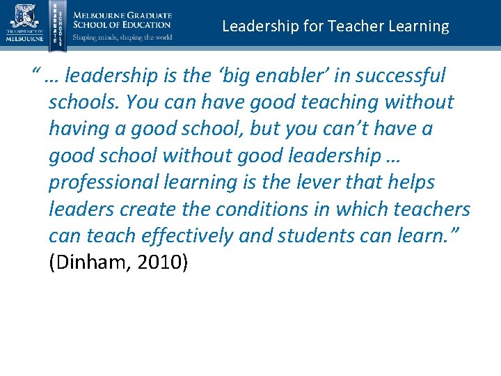  Leadership for Teacher Learning “ … leadership is the ‘big enabler’ in successful