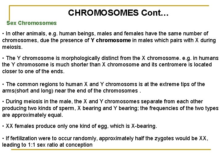 CHROMOSOMES Cont… Sex Chromosomes • In other animals, e. g. human beings, males and