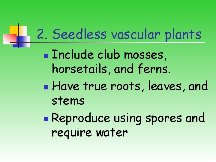 2. Seedless vascular plants Include club mosses, horsetails, and ferns. n Have true roots,