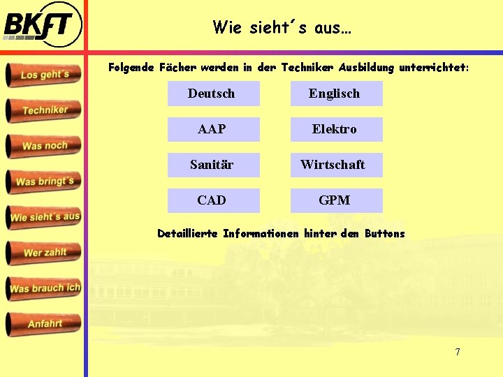 Wie sieht´s aus… Folgende Fächer werden in der Techniker Ausbildung unterrichtet: Deutsch Englisch AAP