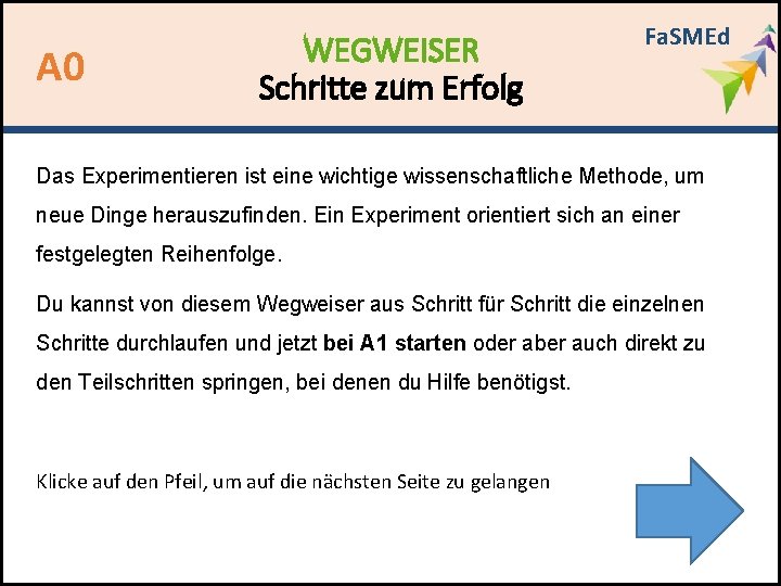 A 0 WEGWEISER Schritte zum Erfolg Fa. SMEd Das Experimentieren ist eine wichtige wissenschaftliche