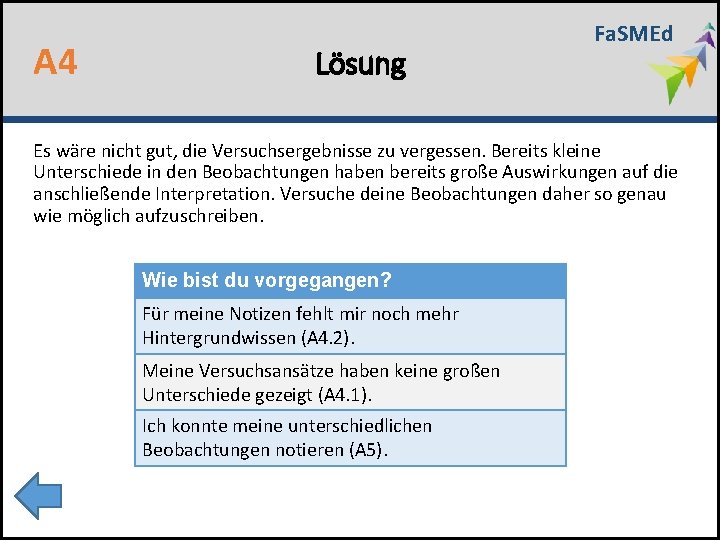 A 4 Lösung Fa. SMEd Es wäre nicht gut, die Versuchsergebnisse zu vergessen. Bereits