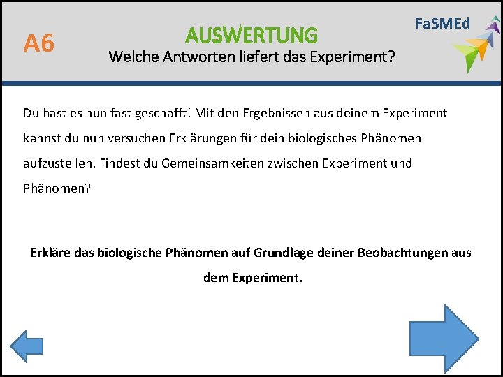 A 6 AUSWERTUNG Fa. SMEd Welche Antworten liefert das Experiment? Du hast es nun
