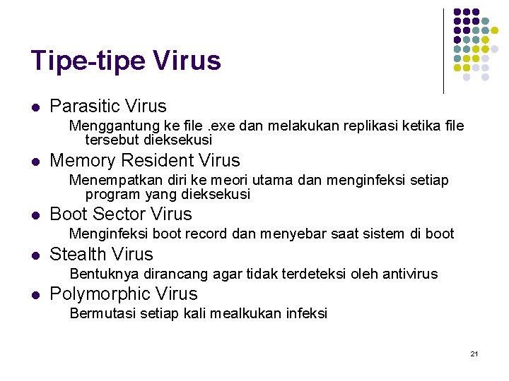 Tipe-tipe Virus l Parasitic Virus Menggantung ke file. exe dan melakukan replikasi ketika file