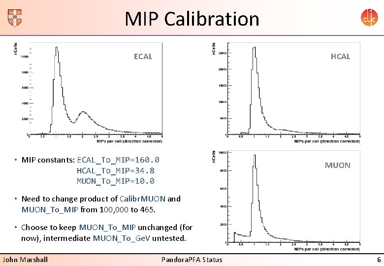 MIP Calibration ECAL HCAL • MIP constants: ECAL_To_MIP=160. 0 HCAL_To_MIP=34. 8 MUON_To_MIP=10. 0 MUON