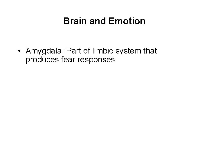 Brain and Emotion • Amygdala: Part of limbic system that produces fear responses 