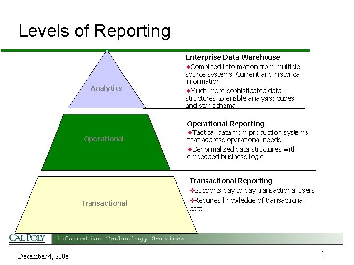 Levels of Reporting Analytics Operational Transactional December 4, 2008 Enterprise Data Warehouse v. Combined