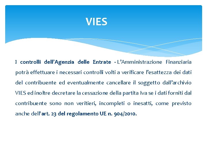 VIES I controlli dell’Agenzia delle Entrate - L’Amministrazione Finanziaria potrà effettuare i necessari controlli