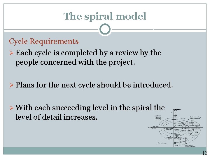 The spiral model Cycle Requirements Ø Each cycle is completed by a review by