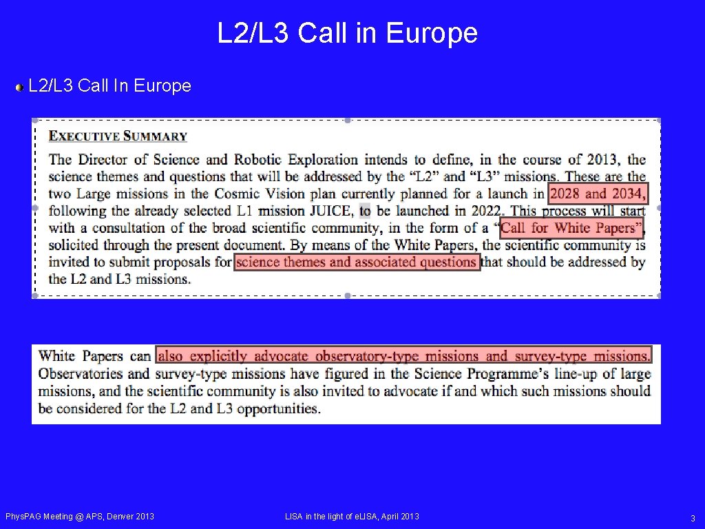 L 2/L 3 Call in Europe L 2/L 3 Call In Europe Phys. PAG