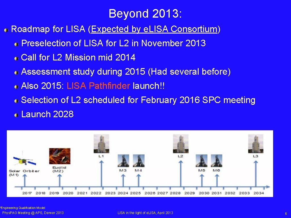 Beyond 2013: Roadmap for LISA (Expected by e. LISA Consortium) Preselection of LISA for