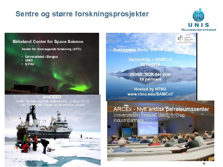 Sentre og større forskningsprosjekter ARCEx - Nytt arktisk petroleumssenter Universitetet i Tromsø, UNIS, Ui. Sentre og større forskningsprosjekter ARCEx - Nytt arktisk petroleumssenter Universitetet i Tromsø, UNIS, Ui.