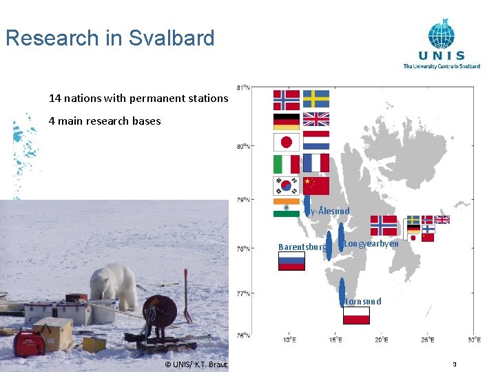 Research in Svalbard 14 nations with permanent stations 4 main research bases Ny-Ålesund Barentsburg