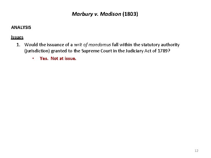 Marbury v. Madison (1803) ANALYSIS Issues 1. Would the issuance of a writ of