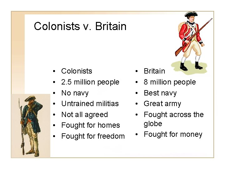 Colonists v. Britain • • Colonists 2. 5 million people No navy Untrained militias