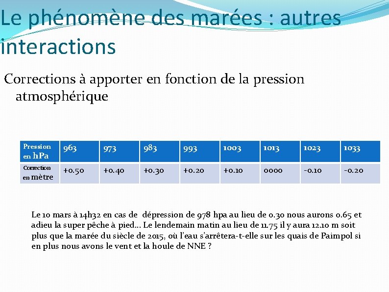 Le phénomène des marées : autres interactions Corrections à apporter en fonction de la