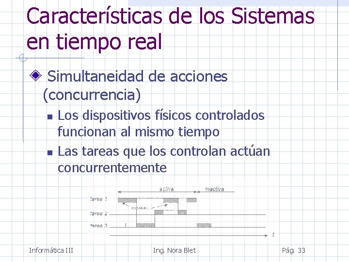 Características de los Sistemas en tiempo real Simultaneidad de acciones (concurrencia) Los dispositivos físicos