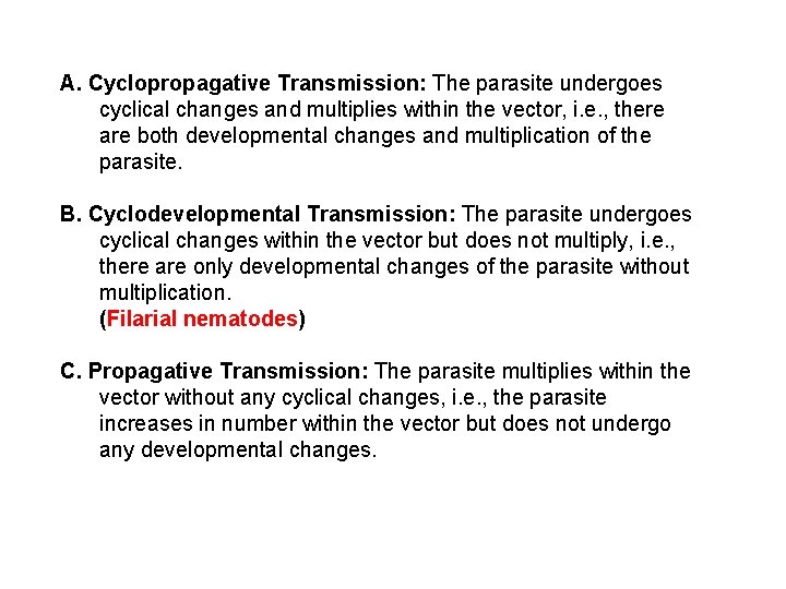 A. Cyclopropagative Transmission: The parasite undergoes cyclical changes and multiplies within the vector, i.