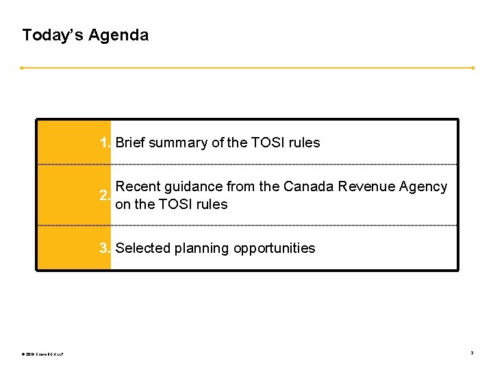 Today’s Agenda 1. Brief summary of the TOSI rules Recent guidance from the Canada