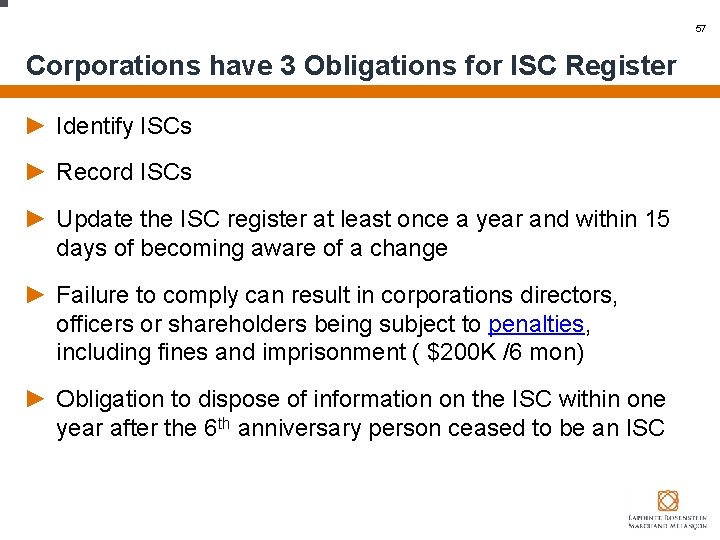 57 Corporations have 3 Obligations for ISC Register ► Identify ISCs ► Record ISCs