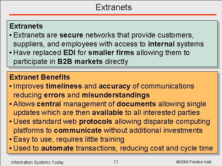 Extranets • Extranets are secure networks that provide customers, suppliers, and employees with access Extranets • Extranets are secure networks that provide customers, suppliers, and employees with access