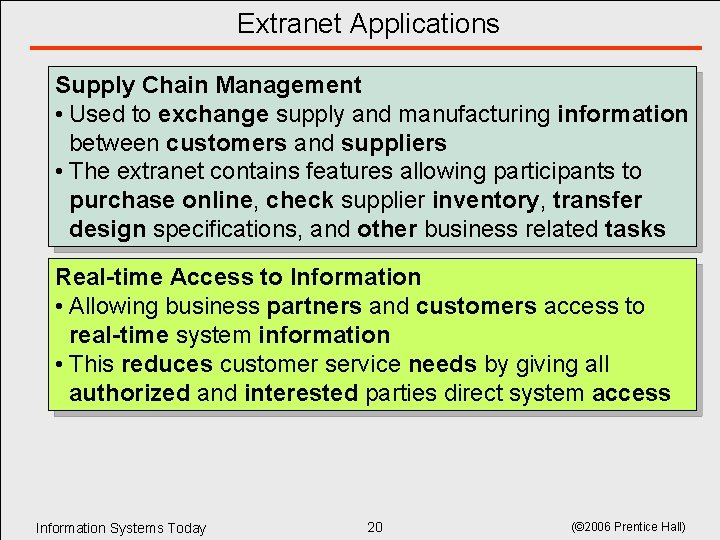 Extranet Applications Supply Chain Management • Used to exchange supply and manufacturing information between Extranet Applications Supply Chain Management • Used to exchange supply and manufacturing information between