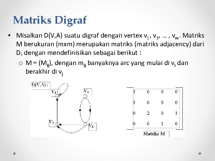 Matriks Digraf • Misalkan D(V, A) suatu digraf dengan vertex v 1, v 2,