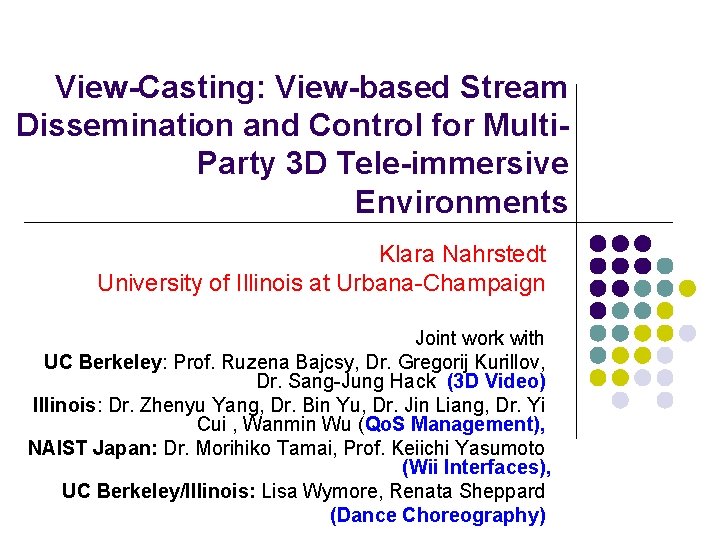 View-Casting: View-based Stream Dissemination and Control for Multi. Party 3 D Tele-immersive Environments Klara