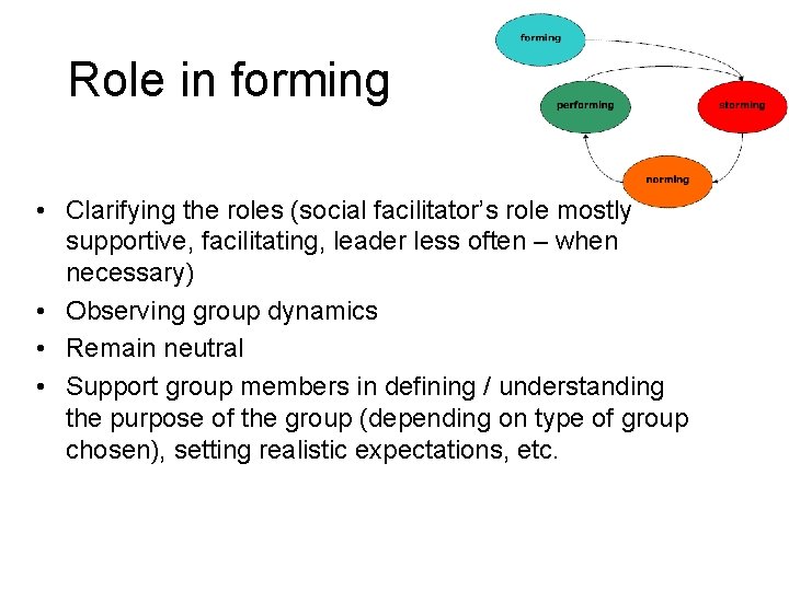 Role in forming • Clarifying the roles (social facilitator’s role mostly supportive, facilitating, leader