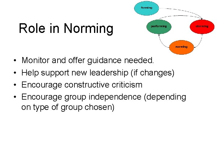 Role in Norming • • Monitor and offer guidance needed. Help support new leadership